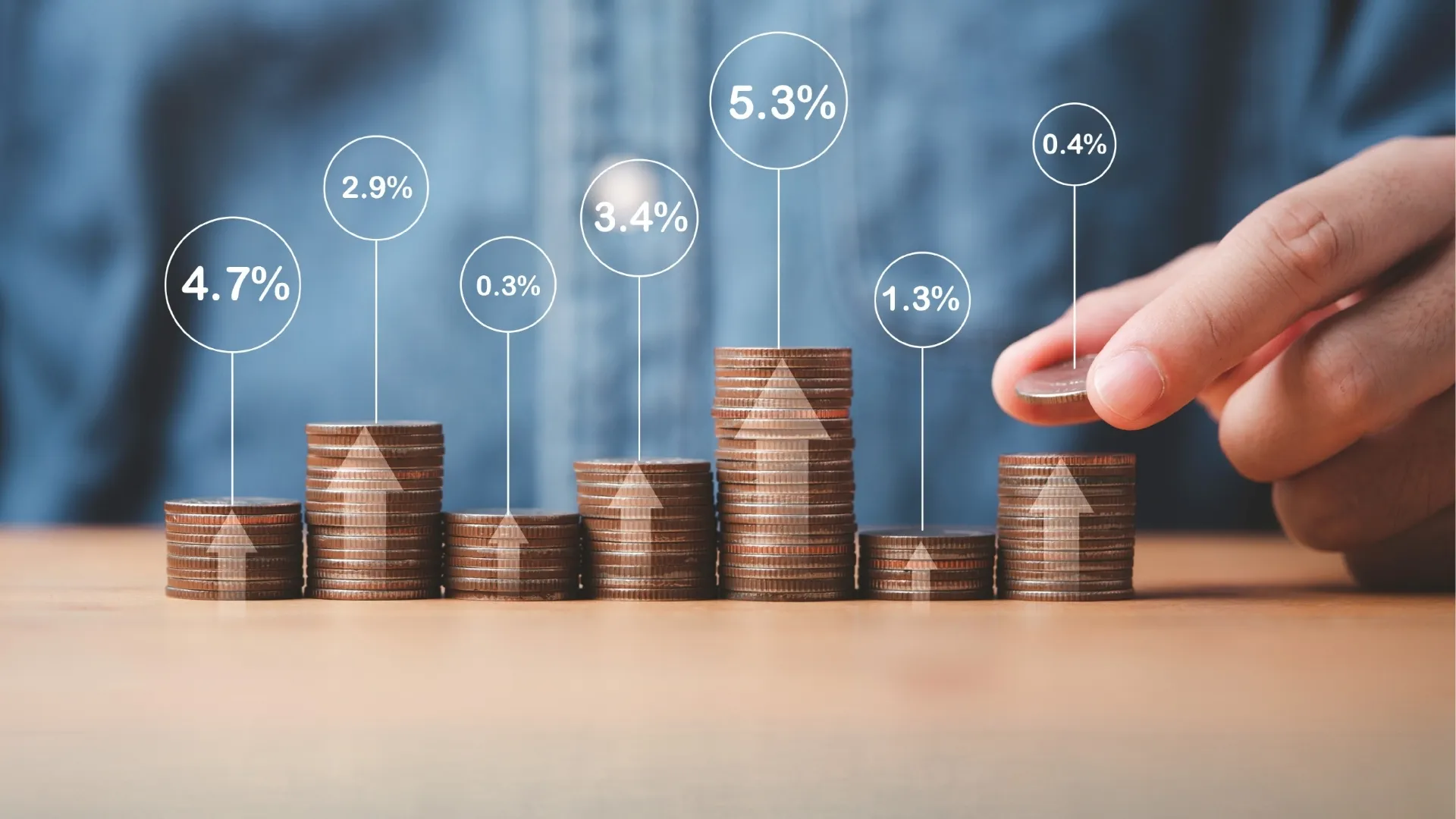 eine Hand, die eine Münze auf einen Münzstapel legt