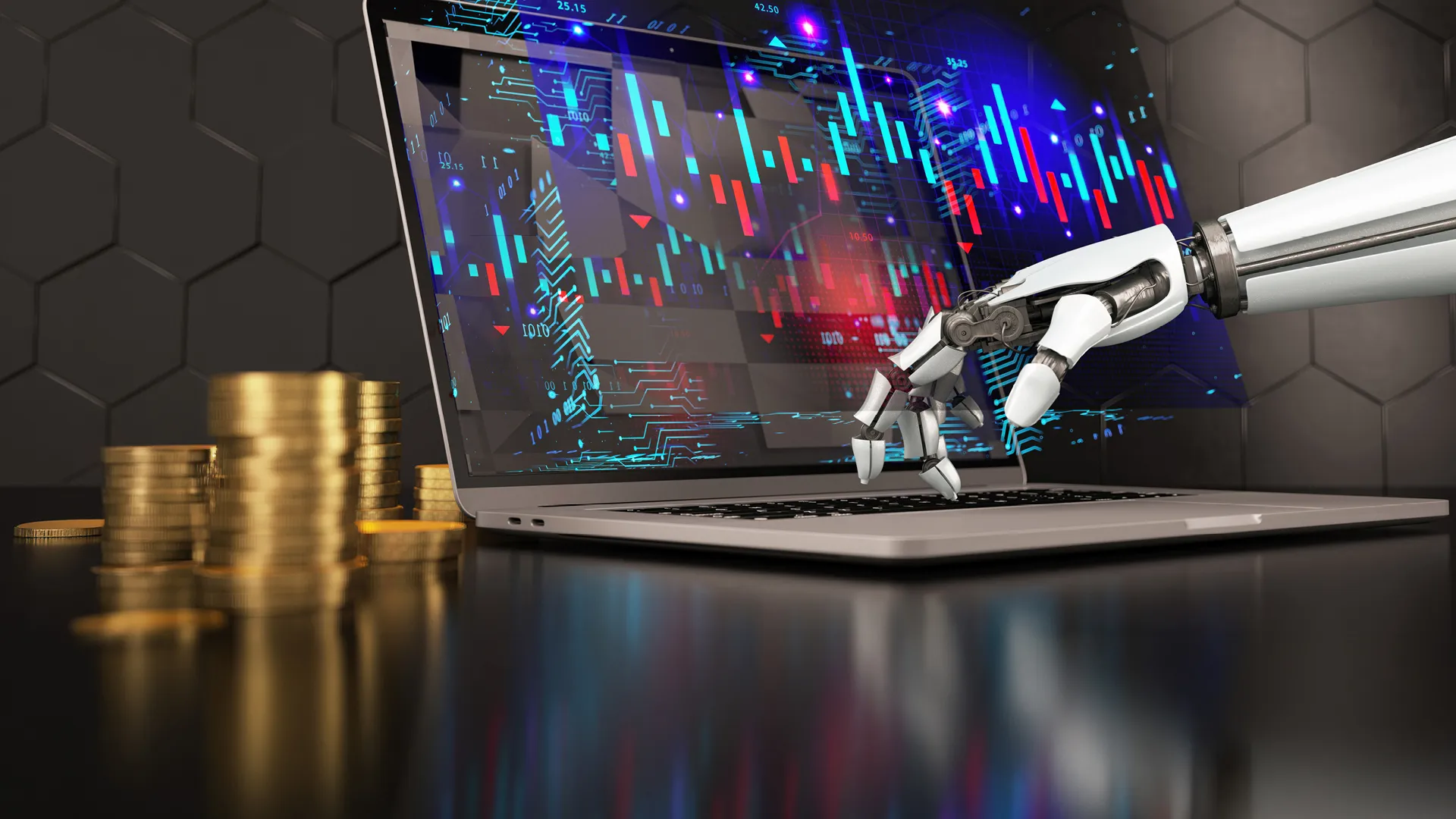 Ein Roboterhand, der auf einem Laptop tippt