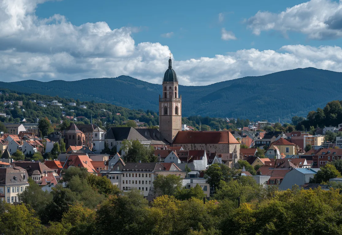 Eine Stadt mit einem Turm und Bäumen