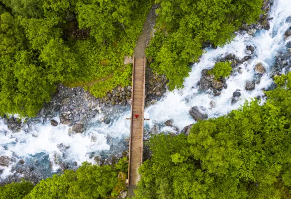 Luftaufnahme einer hölzernen Brücke über einen reißenden Fluss, umgeben von dichtem grünem Wald.