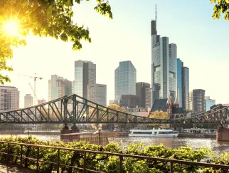 a bridge over water with a city in the background