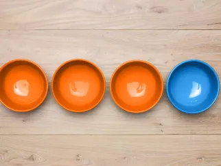 Eine Reihe von Schalen auf einer Holzoberfläche